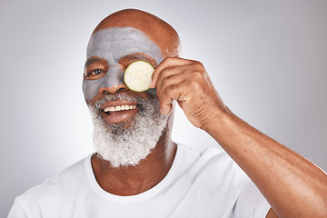 Image showing Skincare, face mask or happy old man with cucumber marketing or advertising natural vegan diet for glowing skin. Cream, portrait, senior black man with beauty or healthy anti aging facial cosmetics