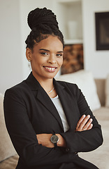 Image showing Black business woman, smile portrait and success vision in office for ceo leadership, manager confidence and standing crossed arms. African woman, happy face and corporate leader goals motivation