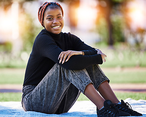 Image showing Black woman, portrait or relax on campus park, nature garden or environment field in college, university or school study. Smile, happy student or graduate with learning goals or education scholarship