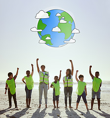 Image showing Support, earth day and portrait of children at the beach for cleaning, sustainability and digital earth in Peru. Eco friendly, volunteer and group of kids working to clean the sea with teamwork