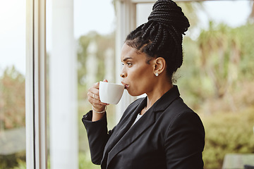 Image showing Thinking, coffee and professional black woman by window preparing or planning mental ideas for meeting. Corporate, smart and African female business manager contemplating while drinking warm beverage