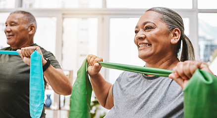 Image showing Physiotherapy, stretching band and senior couple with teamwork for muscle wellness, rehabilitation and support together. Elderly black people or friends smile in physical therapy with strong progress