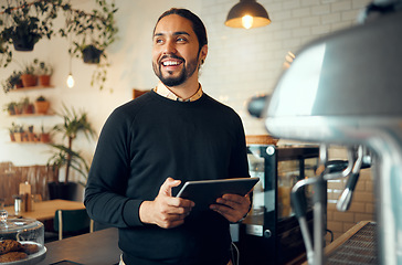 Image showing Portrait, startup cafe manager man with tablet for social media, networking or restaurant content review. Smile, motivation or coffee shop employee with tech for social network, blog or mobile app