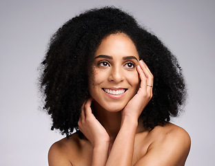 Image showing Black woman, beauty and face skincare with a smile, glow and happiness for clean skin on grey studio background. Aesthetic model with afro hair and dermatology, cosmetic and makeup for facial results