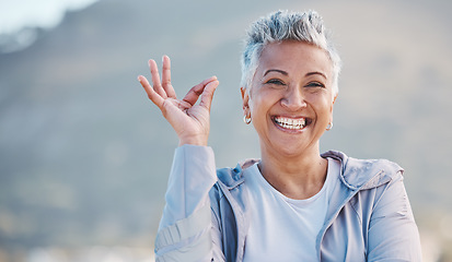 Image showing Elderly woman, portrait and OK hand in nature for exercise, training or workout success, trust and healthy lifestyle promotion. Yes sign, happy and retirement old woman for sports or wellness journey