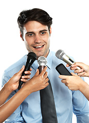 Image showing Reporter, microphone and interview for happy businessman, government worker or corporate speaker. Speech, communication and hands of news journalist question to politician on white background studio