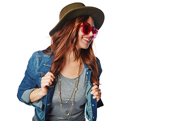 Image showing Fashion, trendy and happy woman in studio with casual, stylish and funky outfit with accessories. Happiness, smile and female model with hat, sunglasses and edgy clothes isolated by white background.