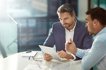 Image showing Tablet, teamwork and business people talking in office workplace. Collaboration, technology and workers, men or employees with touchscreen planning sales, marketing or advertising strategy in company