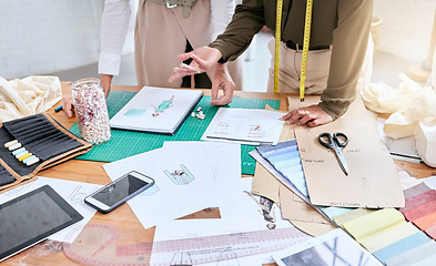 Image showing Planning, creative and fashion designer hands with teamwork, collaboration and textile workspace. Creativity, sketch and studio, workshop or manufacturing worker for ideas, art vision and project