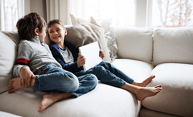 Image showing Relax, family and child siblings with tablet on home sofa for bonding, wellness and streaming smile together. Lounge couch and young kids with app device for online movie entertainment.