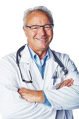 Image showing Doctor, portrait and senior man in studio for healthcare, goals and proud on white background space. Face, health and mature expert happy, smile and excited about innovation and help while isolated