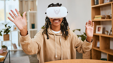 Image showing Virtual reality, vr metaverse and happy black woman with cyber ui dashboard, augmented reality or future ai. Digital transformation, futuristic software study or creative student working with headset