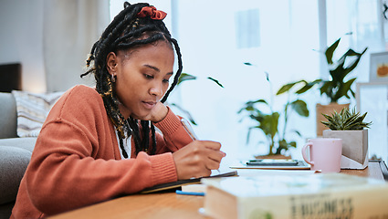 Image showing Student, education and black woman with books for studying, learning and notes in academic class. University, college and female focus at desk doing homework, assignment and school project at home