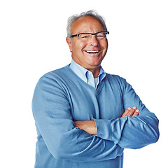 Image showing Portrait, happy and senior man laughing in studio, relax and proud against white background. Face, smile and retired male having fun, cheerful and funny while posing, excited and content or isolated