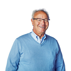Image showing Portrait, casual and senior man in studio, happy and smile, joy and relax against white background. Content, normal and face and elderly male enjoying retirement, natural and laughing while isolated