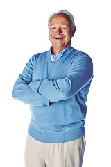 Image showing Happy, smile and portrait of senior man laughing in studio, relax and proud while standing on white background. Confident, chill and retirement by elderly male content, joy and satisfied or isolated