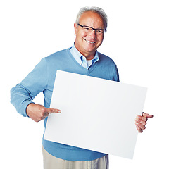 Image showing Mockup portrait, placard or old man pointing at marketing poster, advertising banner or product placement. Studio mock up, billboard promotion sign or happy sales model isolated on white background