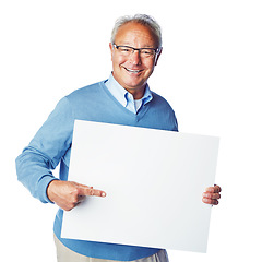 Image showing Poster mockup, portrait or old man point at marketing placard, advertising banner or product placement. Studio mock up, billboard promotion sign or happy sales model isolated on white background