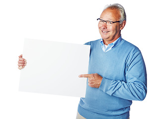 Image showing Poster mockup, portrait or senior man point at marketing placard, advertising banner or product placement. Studio sales mock up, billboard promo sign or happy mature male isolated on white background