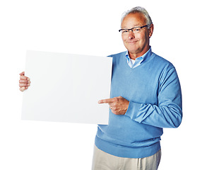 Image showing Poster mockup, studio portrait or old man point at marketing placard, advertising banner or product placement. Mock up info, billboard promotion sign or happy sales model isolated on white background