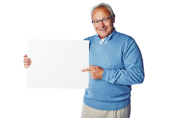 Image showing Poster mockup, portrait or elderly man point at marketing placard, advertising banner or product placement. Studio mock up, billboard promotion sign or happy sales model isolated on white background