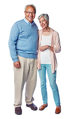 Image showing Senior couple smile in portrait, marriage and retirement together, relationship commitment isolated on white background. Happiness with old man, old woman and life partnership with elderly wellness