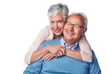 Image showing Love, portrait and senior couple hug in studio, smile and happy together against a white background. Relax, face and elderly man with woman embrace, holding and enjoy retirement, bond and isolated