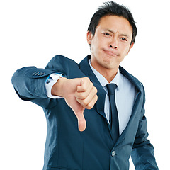 Image showing Portrait, business man and thumbs down in studio isolated on white background. Fail, dislike hand gesture and sad male employee with sign for disagreement, failure emoji or negative review, bad or no