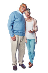 Image showing Senior couple, hug and marriage, retirement together in portrait and commitment isolated on white background. Happiness in relationship, old man and woman with life partnership and elderly people