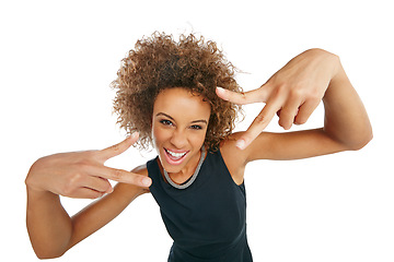 Image showing Portrait, hands and black woman with peace sign in studio isolated on a white background. Face, fashion and attitude gesture, symbol or emoji of female model in stylish, designer and cool clothing.