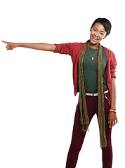 Image showing Black woman, portrait and pointing at promotion mockup, isolated marketing space or advertising mock up. Smile, happy model and showing hands gesture for cool fashion sales on white background mockup