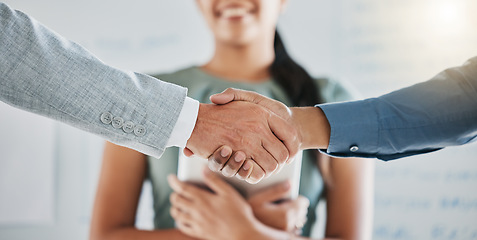 Image showing Teamwork, collaboration and business people handshake for partnership, b2b or hiring contract. Welcome, thank you and group, employees or workers shaking hands for onboarding, recruitment or deal.