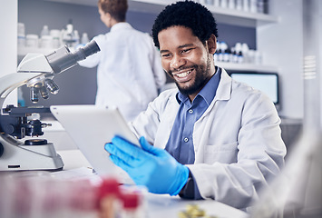 Image showing Scientist, research and black man with tablet, laboratory and innovation for healthcare, online schedule or tech. African American male, researcher and digital planning for medical diagnosis and cure