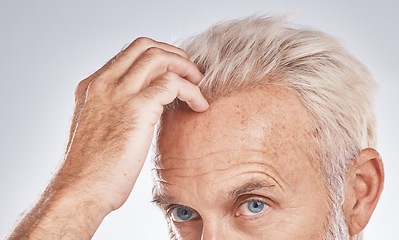 Image showing Beauty, thinking and senior man with hair care cosmetic treatment for blonde texture check. Half face of mature caucasian hair model grooming hairstyle textures in gray studio background.