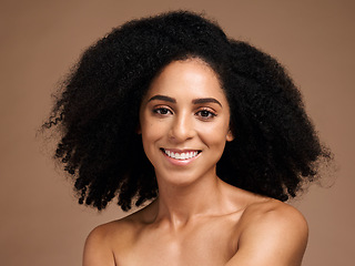 Image showing Hair care, afro beauty and portrait of black woman with clean shampoo hair, cosmetics and happy with skincare glow. Salon spa, healthcare and face of African model with makeup and healthy hair growth