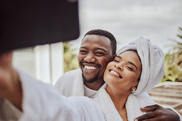 Image showing Happy, morning and black couple phone selfie moment with cheerful smile at hotel in South Africa. Wellness, relax and love of people bonding together with mobile photograph for social media.