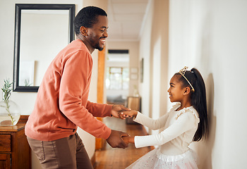 Image showing Dance, happy and ballet with father and daughter holding hands for learning, support and bonding. Princess, teaching and music with dad and girl in black family home for freedom, wellness and helping