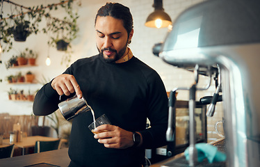 Image showing Cafe, kitchen worker and coffee shop machine for coffee espresso in a restaurant. Waiter, milk foam and morning cream latte with a store manager working on hot drink order service as barista