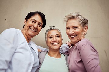 Image showing Senior women, portrait and group exercise for fitness, workout or happiness of healthy lifestyle together. Elderly female friends, sports and training for wellness on wall background for team support