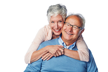 Image showing Love, senior and portrait of couple hug, smile and happy together against a studio white background. Relax, face and elderly man with woman embrace, holding and enjoy retirement, bond and isolated