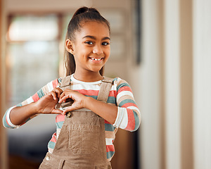 Image showing African child, smile and heart hands for happiness, love and cool kids empowerment or support motivation. Black girl, happy portrait and casual emoji or hand gesture for positive mindset energy