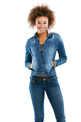 Image showing Fashion, studio and portrait of black woman in denim isolated on a white background. Makeup, aesthetics and young, happy and cool female model from Brazil with designer, stylish and trendy clothing.