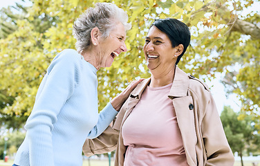 Image showing Senior friends, laughing or bonding in nature park, public garden or relax environment in retirement, support or trust. Smile, happy or diversity elderly women in comic joke, funny meme or emoji face