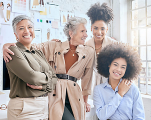 Image showing Designer women portrait, colleagues and workshop for design, teamwork and vision for success. Happy creative team, woman collaboration and studio friends with diversity, goals and diversity support