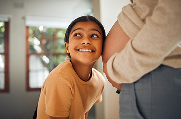 Image showing Pregnant, family and love with a girl listening to the belly of her mother while bonding in the bedroom of their home. Kids, mom or pregnancy with a daughter putting an ear to the stomach of her mama