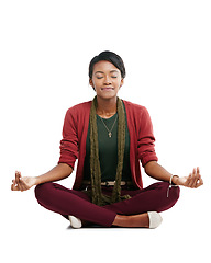 Image showing Black woman, sitting and hands in meditation, zen mindset training and mental health wellness on isolated white background. Happy, model and yogi and peace, calm and relax mudra on floor chakra yoga