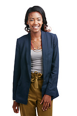 Image showing Portrait, corporate or business woman happy and smiling isolated against a studio white background. Confident, excited and calm African American employee or professional entrepreneur