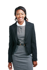 Image showing Corporate, portrait or business woman or happy lawyer smiling isolated against a studio white background. Confident, excited and African American employee or professional entrepreneur