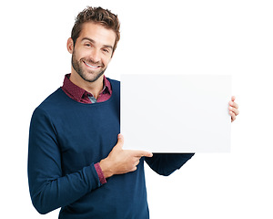 Image showing Portrait, blank board or business man with mockup space for product advertising, marketing or branding poster in studio. Model, smile or male with news banner, billboard or logo in white background
