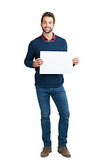 Image showing Blank, announcement and portrait of businessman with a billboard isolated on a white background. Marketing, work and an employee with a mockup space poster advertising a brand on a studio background